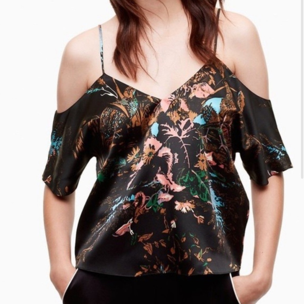 Wilfred Aritzia Draveil Black Satin Floral Blouse Cold Shoulder V-Neck